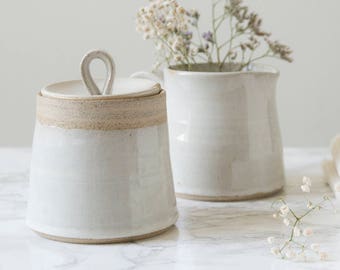 White Pottery Sugar Bowl, Ceramic Lidded Container, Honey Pot Jar, Kitchen Storage Gift, Pottery Jar, Wheel Thrown Pottery, Stoneware Gift