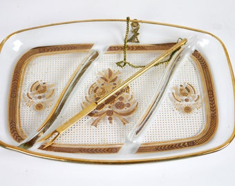 Georges Briard Divided Dish with Fork Gold Bird hors d'oeuvres appetizer