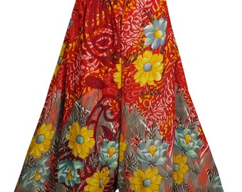 Vintage Red High Waist Wide Leg Long Skirt Palazzo Pants Recycled Silk Sari Flared Flirty Maxi Split Skirt S/M