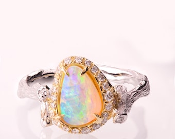 Twig Opal Engagement Ring, Opal engagement ring, Unique Engagement ring, Opal ring, Diamond Opal Ring, Twig Opal Ring, two tone Opal Ring
