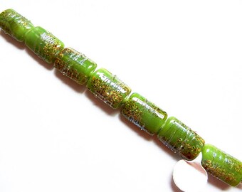 RAKU DUSTED GREENBEAN 7 green, raku frit, and metallic lustre kaleras A Beaded Gift