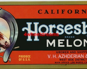 1950s Horse Lucky Horseshoe California Melon Crate Label Los Banos