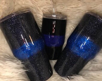 Thin Blue Line, Law Enforcement, black and blue glitter RTIC tumbler/Glitter Yeti/Personalized Yeti/Handmade glitter tumbler/Glitter dipped/