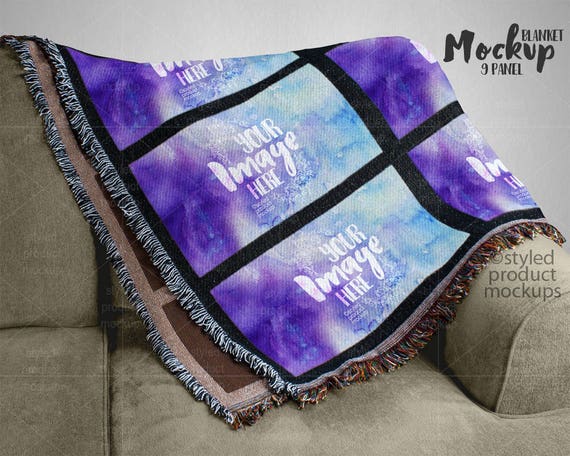 Large 9 panel throw blanket mockup template shown folded on a