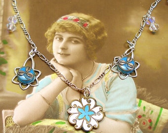 Antique BUTTON Necklace, Turquoise flowers in glass & enamel on sterling chain, one of a kind jewellery.