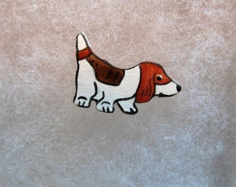 Cute Basset (dog) Jewelry Pin - handcarved and handpainted
