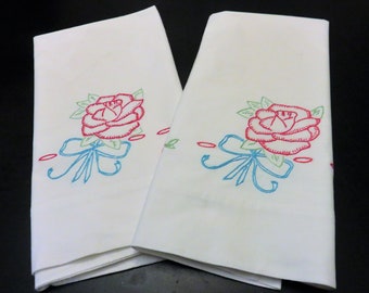 Embroidered Pillowcase Set, Rose Accented Pillow Cover, Red Rose Blue Ribbon Vintage Pillow Cases, Embroidery Pillow Case