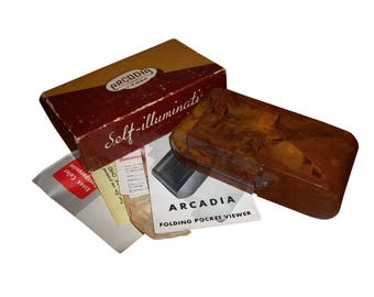 VINTAGE Arcadia Commander Folding Pocket Viewer W Original Box & Instructions, Commander Self-Light Self Illuminating Retro Brown Viewer