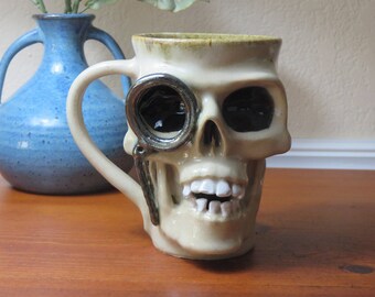 Mug, Pottery Mug, Stoneware Pottery Skull Mug, Coffee Mug, Wheel Thrown Mug, Dia De Los Muertos, Steampunk, Skull Mug