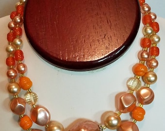 Vintage Peach and Orange Bead Multi Strand Necklace Marked Japan