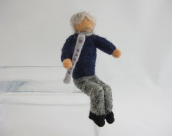 Irish pub musician, seated whistle player, needle felted wool, Waldorf inspired miniatures, Irish tin whistle
