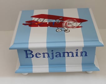 Baby keepsake box baby Memory Box personalized hand painted vintage airplane baby boy gift baby shower gift