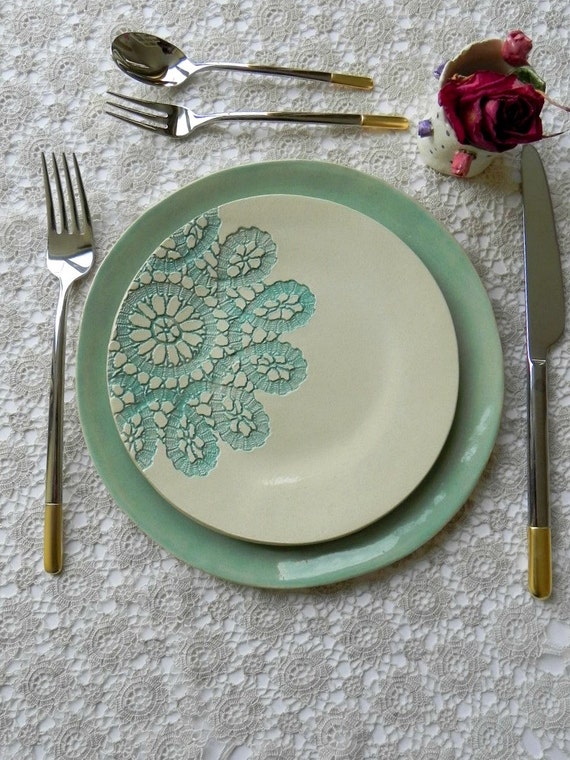 Lace Ceramic Dessert and Dinner Plate Set of 2 Unique Mint