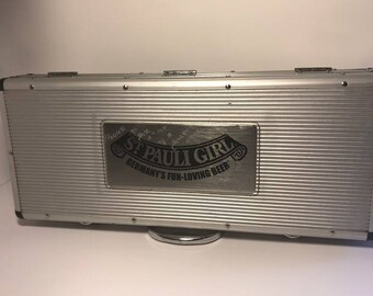 ST PAULI GIRL Germanys fun loving beer steel brief suit case briefcase suitcase breweriana snaps handle silver collectible travel luggage