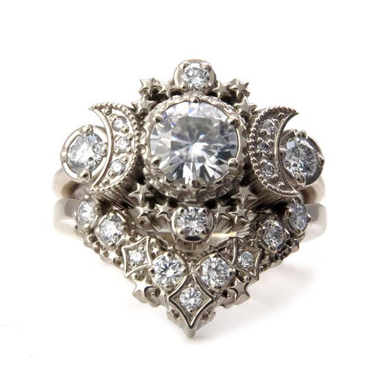 Diamond Cosmos Moon Engagement Ring Set - Moissanite or Diamonds Custom Wedding Rings