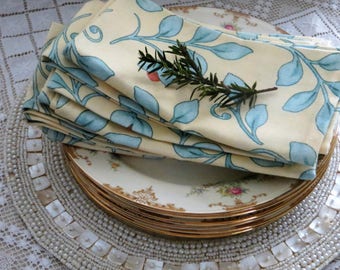 Vintage Linen Napkins, Yellow Blue Floral Napkins, Set of 6, Spring Luncheon Napkins