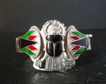 Egyptian Silver Scarab Bracelet with Enamel.