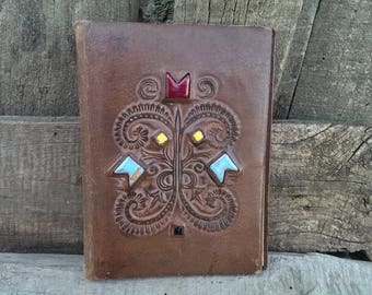 Antique Brown Real Leather Portfolio, Vintage Folding Hand Tooled Leather Book Cover, Leather folder, Retro Office Decor, Gift Idea