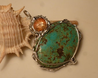 Pendant with Turquoise and Sunstone, 27 x 35 mm, unique, pendant turquoise Sunstone, silver Pendant