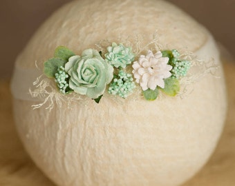 Newborn Mint and White Tieback or Headband, Baby Girl Photo Shoot Prop, Fits Newborn to Child, Ready to ship