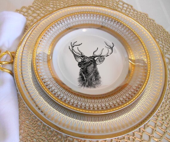 Gold Deer / Reindeer Plates Dinnerware Dishes Customized Gold Deer / Reindeer Plates Dinnerware Dishes Customized