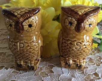 Vintage large size owl 1970 Japan collectible salt pepper shaker set
