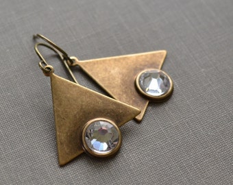 Brass Triangle Earrings, Clear Rhinestone, Geometric Earrings, Art Deco Brass Triangle, Rhinestone Earrings, French Wire, Bridesmaid Gift