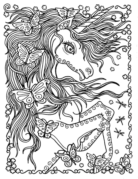 Unicorn and Butterflies Instant Download Fantasy Coloring