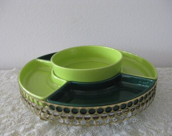Retro Mid Century Gold Metal Revolving Lazy Susan w/ Green Ceramic Pottery Serving Relish Trays