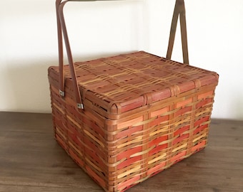 Picnic Basket; Japanese Split Cane Bamboo Picnic Basket; Vintage Picnic Basket; Bamboo Picnic Basket; Bamboo Basket; Woven Bamboo Basket