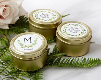 Personalized Gold Round Candy Tins - Mint Tin Favors - Wedding Favors - Botanical Wedding - Garden Wedding Favors (14111NA-BT)