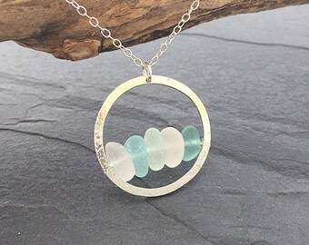 Aqua Sea Glass Hammered Circle Pendant
