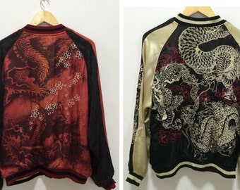 Veste Sukajan Sukajan Vintage Japon Dragon réversible Souvenirs Rayon Veste broderie Rare