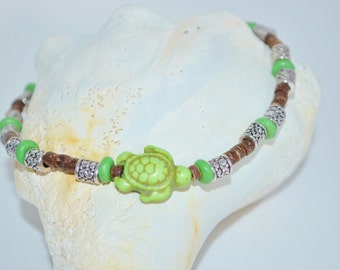 Ankle Bracelet Green Sea Turtle, Coconut Bead & Sea Turtle Anklet, Wood Bead with Sea Turtles Anklet