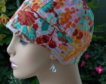 Women's Chemo Hat Soft Cotton Cancer Cap Pink Floral Hair Loss Hat reversible Small/Medium
