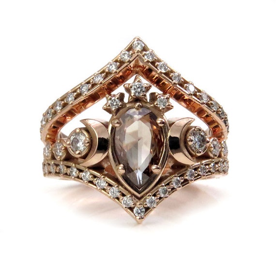 Lunar Priestess Rose Cut Champagne Diamond Engagement Ring with Star Diamond Chevron