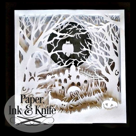 Download Shadow box 3D Layered papercutting template. Halloween Spooky