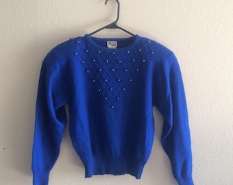 80s vintage high quality diamond-patterned bead detail crew neck women's pullover sweater - size Petite Medium