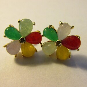 Multi-Colored Jade Flower Pierced Stud Earrings, 13mm