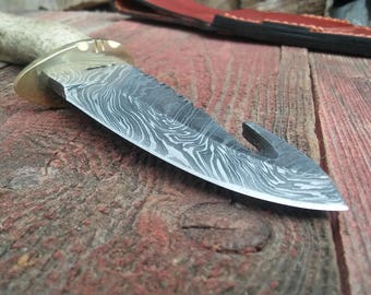 Damascus Antler Handle Knife w/ Guthook