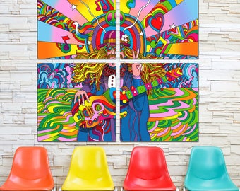 Hippie Musician 60s Style Quadriptych Metal Wall Art Pop Art