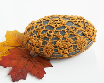 Crochet lace beach stone, golden autumn, river rock, wedding decor, shabby chic, housewarming gift, bowl element