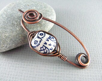 Owl Brooch Shawl Pin Copper Wire Wrap Scarf Pin Sweater Pin Fibula Wire Wrapped Jewelry Owl Shawl Pin Copper Jewelry