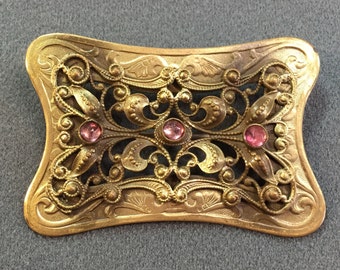 Vintage Antique Art Nouveau Brass Brooch with Purple Glass Rhinestones-C Clasp. Free shipping