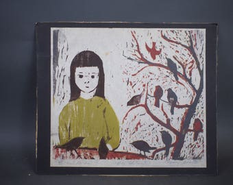 Vintage Silkscreen "Girl with Birds" by Mary Goslen