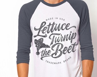 Lettuce turnip the beet ® trademark brand OFFICIAL SITE - grey baseball jersey with distressed cursive logo - lightweight shirt, raglan, tee
