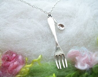 Silver Cutlery Necklace Large Fork Tiny Spoon Pendant Necklace Pendant Cook Chef Foodie Cutlery Small Chain Whimsical Jewelry Retro Necklace