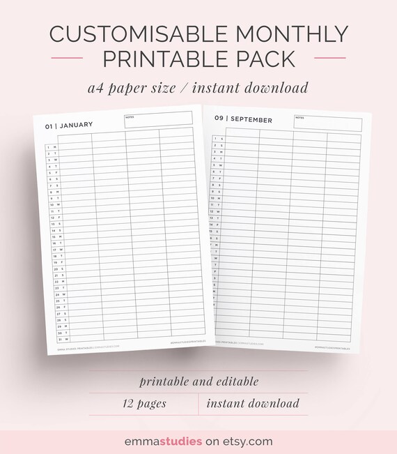 2018 monthly calendar printable customisable header