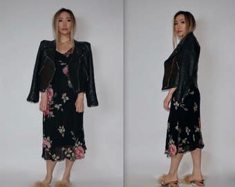 1990's Vintage "Paradise East" Long Garden Party Black Pink Floral Maxi Dress V Neck With Flow Cap Boho Sleeves Size M