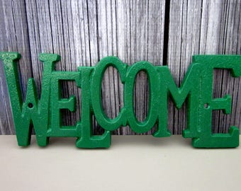 Welcome Sign, Cast Iron, Hunter Green, Plaque, Door Sign, Painted, House Sign, Metal Welcome Sign, Indoor, Outdoor, Cast Iron Wall Decor